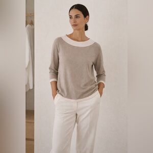 MaxMara Silk Cashmere Boat Neck 3/4 Sleeve Top Tan White Sz Large Closet Staple